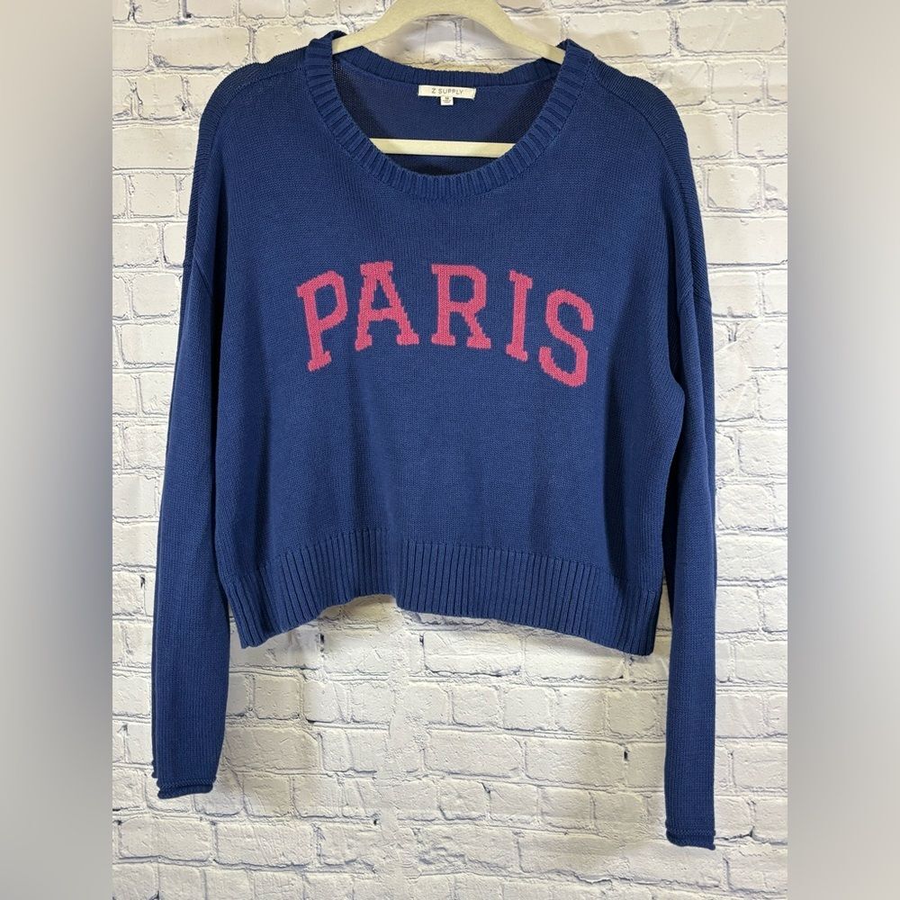 Z Supply Sienna Navy Blue Paris Cropped Sweater Oversized Pullover Sweater M